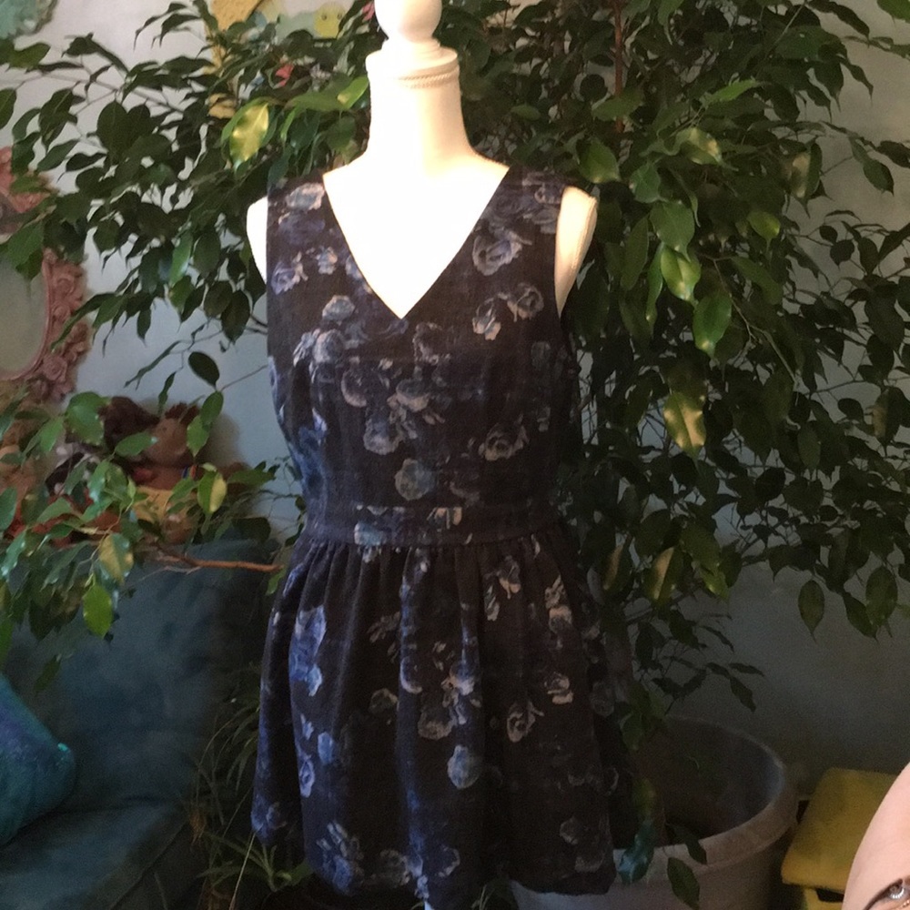 Thakoon Grey Blue Roses Floral Fit & Flare Dress Knit Cotton Mini Short 12
